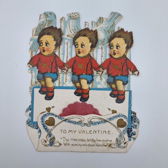 Vintage Valentine Pop Up Card Lovebirds Hearts Children Boys Love Combine Token - Picture 6 of 8